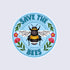 Circular sticker with a bee illustration and &