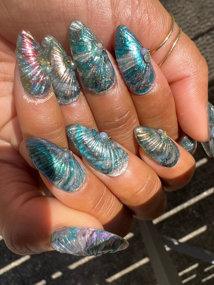 Moonshell - Iridescent Rainbow Holographic Chrome Abalone Shell Mermaid Press-On Nail Extensions 10pcs