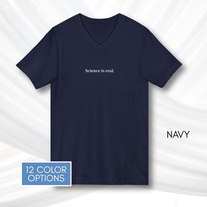 science-is-real-unisex-v-neck-tee-short-sleeve-activism-tshirt-navy
