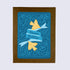 A folded greeting card with a blue background featuring yellow birds and the text &
