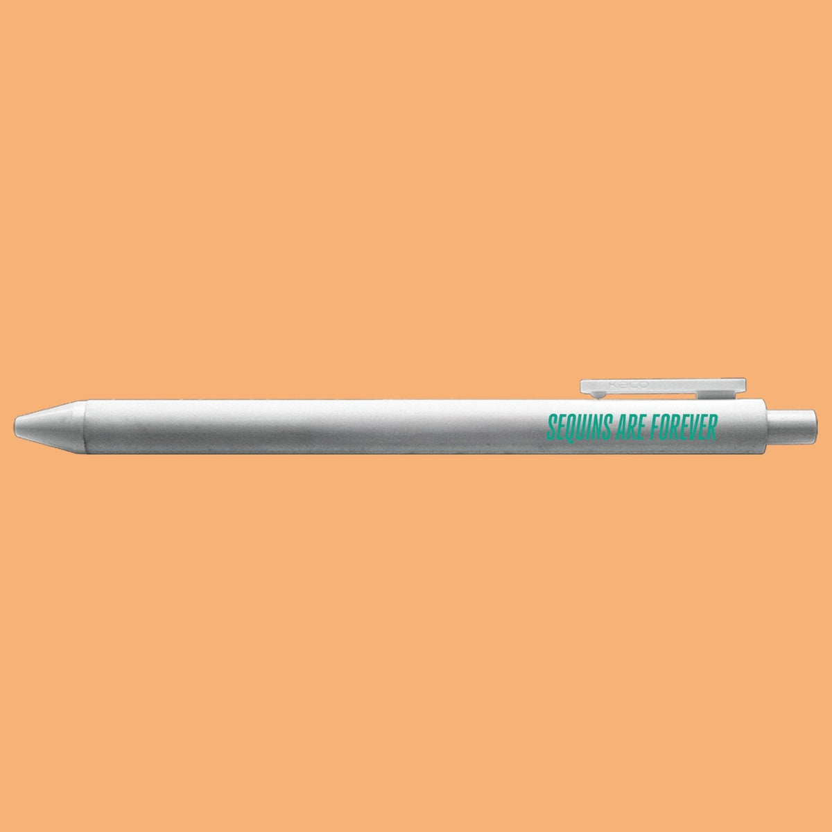 Sequins Are Forever pen flat lay — pop culture jotter gel pen and stationery gift by indie artist MangoIllustrated