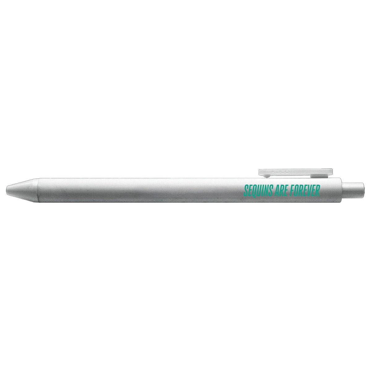 Sequins Are Forever pen — silver barrel with teal printed lettering, 0.5mm fine point, by MangoIllustrated