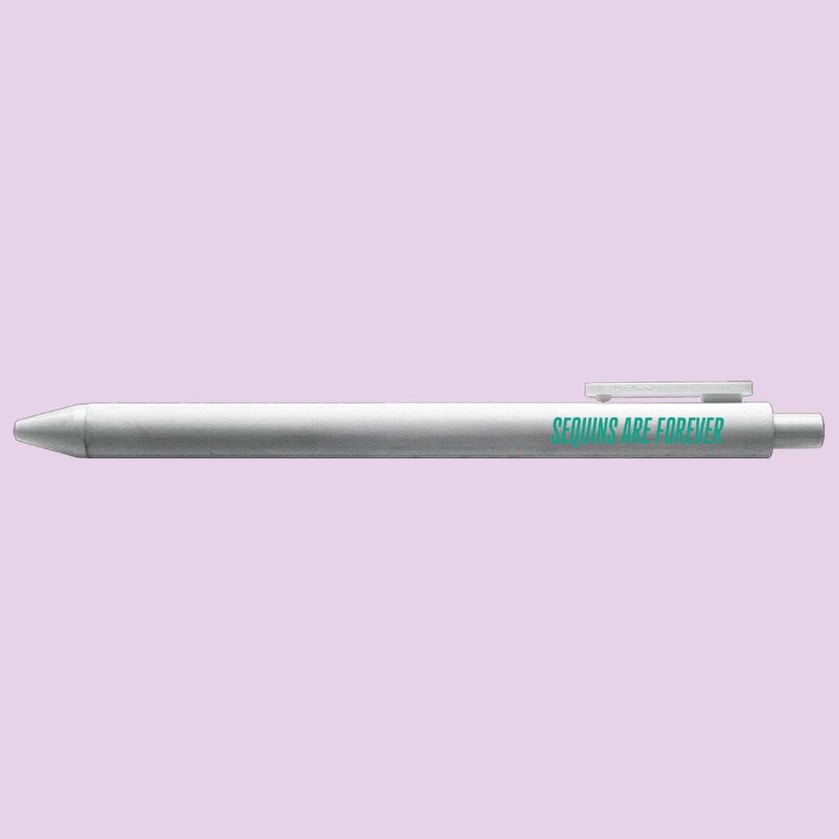 Sequins Are Forever pen detail — teal lettering on the silver barrel by indie artist MangoIllustrated