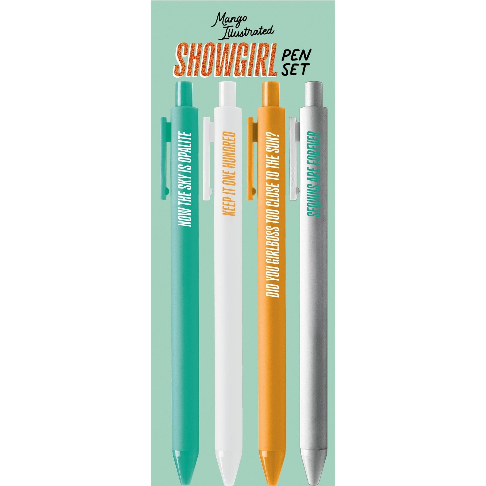 Showgirl Pen Set packaging with card backing — music era desk gift by MangoIllustrated