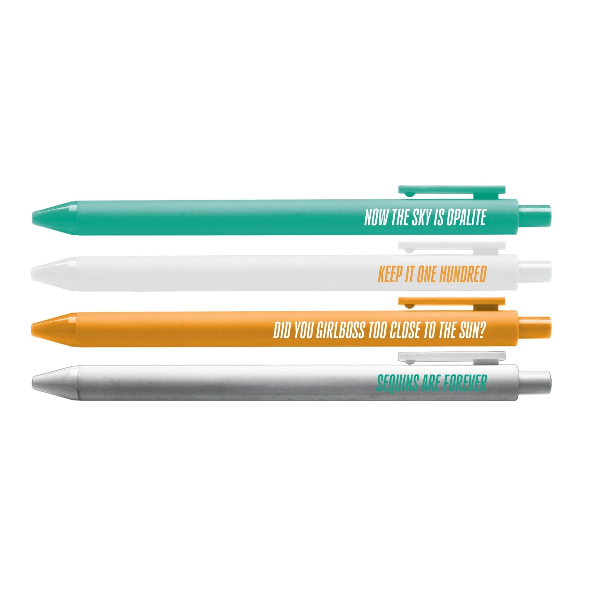 Showgirl Pen Set detail — 4 gel pens: Now the Sky is Opalite, Keep it One Hundred, Did You Girlboss, Sequins are Forever