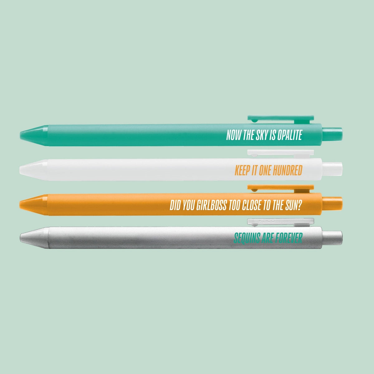 Showgirl Pen Set close-up — 0.5mm fine point black gel ink pens by indie artist MangoIllustrated