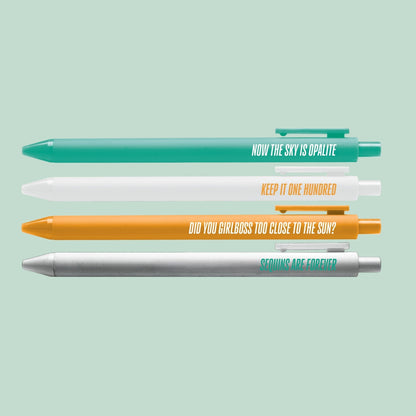 Showgirl Pen Set close-up — 0.5mm fine point black gel ink pens by indie artist MangoIllustrated