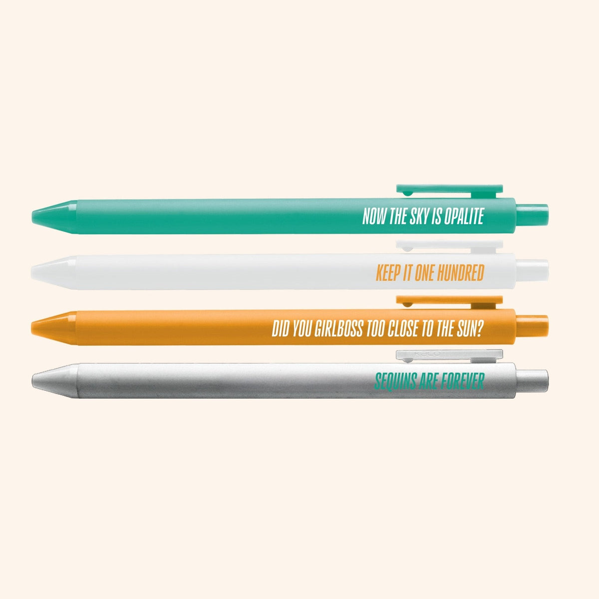 Showgirl Pen Set detail — Sequins are Forever silver jotter pen with teal text by indie artist MangoIllustrated