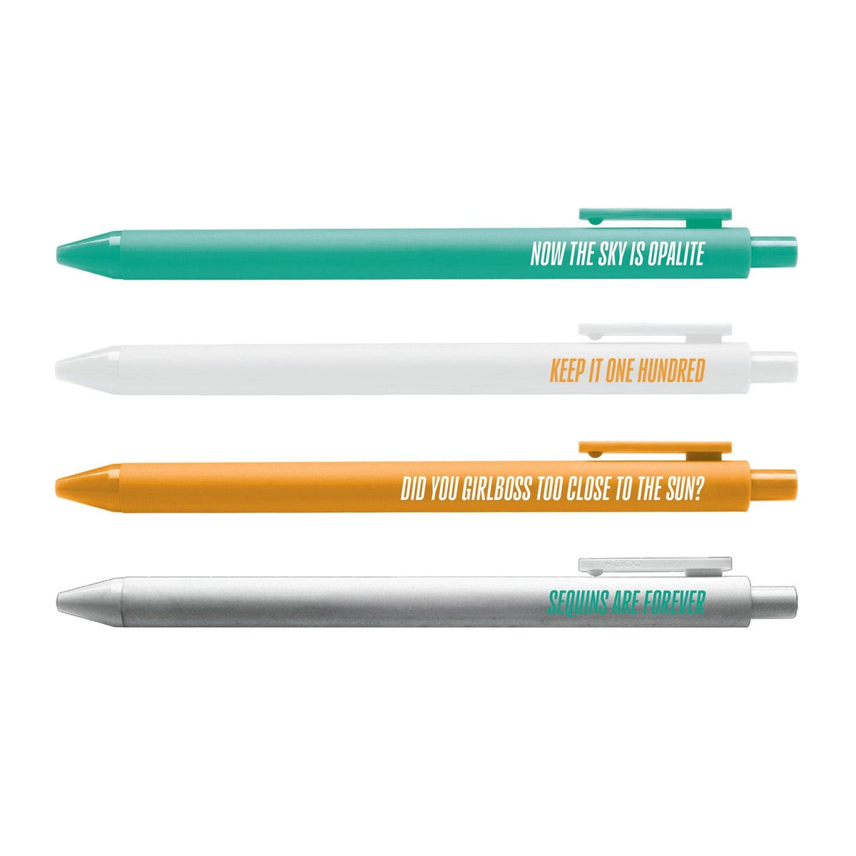 Showgirl Pen Set — 4 jotter gel pens in teal, white, orange and silver with Showgirl era phrases, 0.5mm fine point, by MangoIllustrated