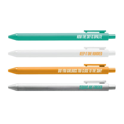 Showgirl Pen Set — 4 jotter gel pens in teal, white, orange and silver with Showgirl era phrases, 0.5mm fine point, by MangoIllustrated