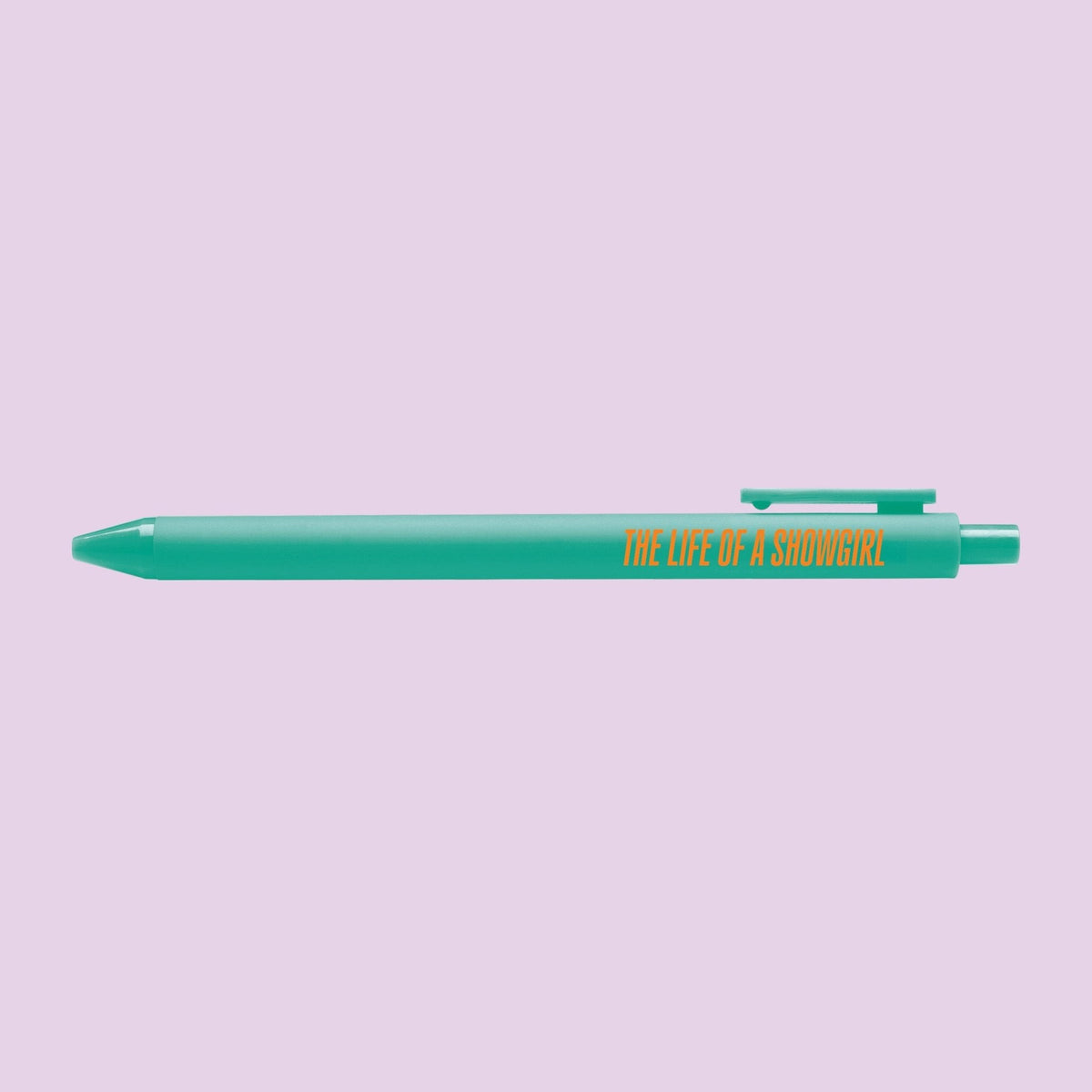 Showgirl pen detail — orange printed lettering on the teal barrel by indie artist MangoIllustrated