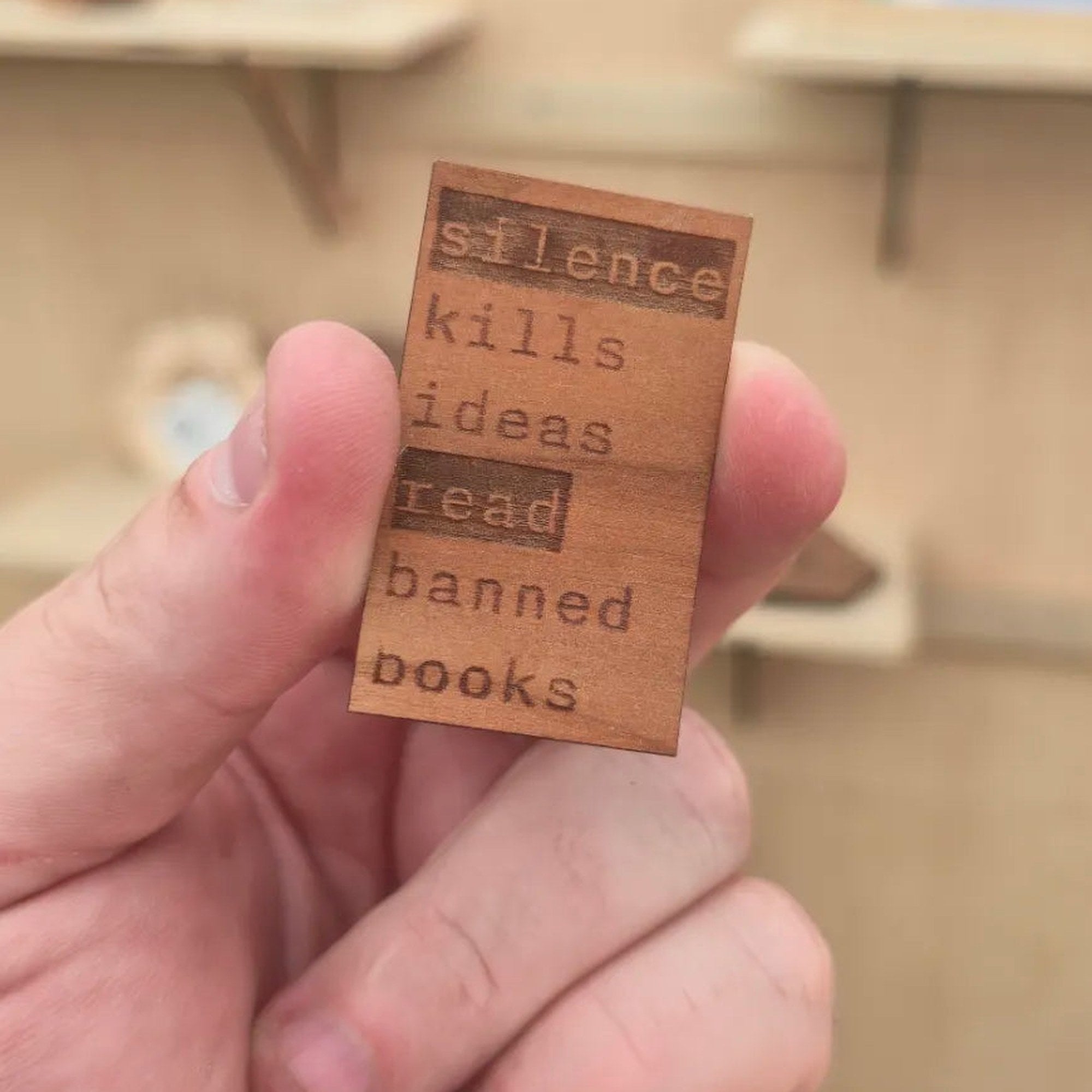 Silence kills ideas read banned books typewriter style cherry wood sticker