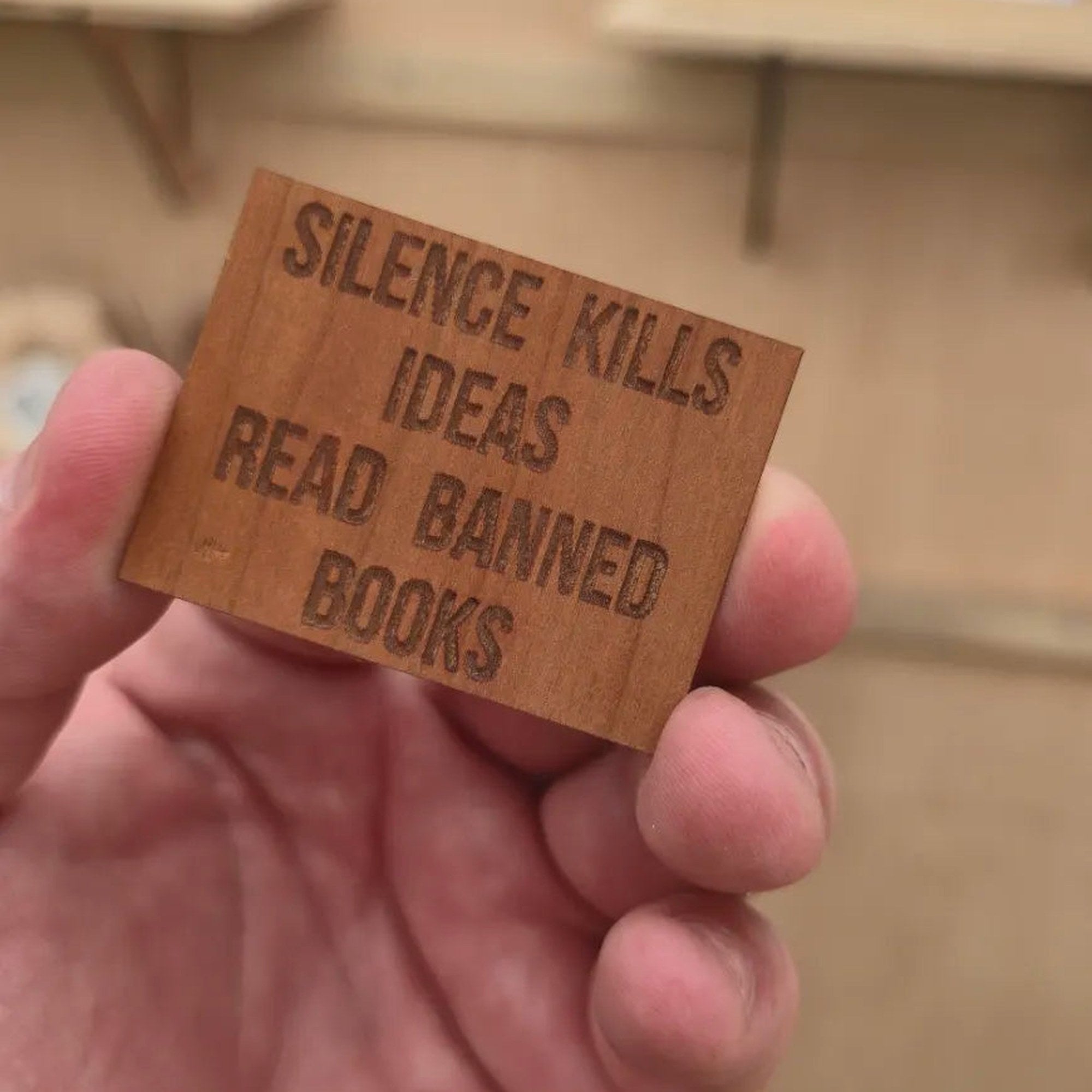 Silence kills read banned books large cherry wood sticker sample from Book Lover wholesale pack