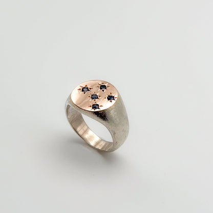 Sterling silver and rose gold signet ring, featuring 5 sapphire stones, customized by hand for Petite protea