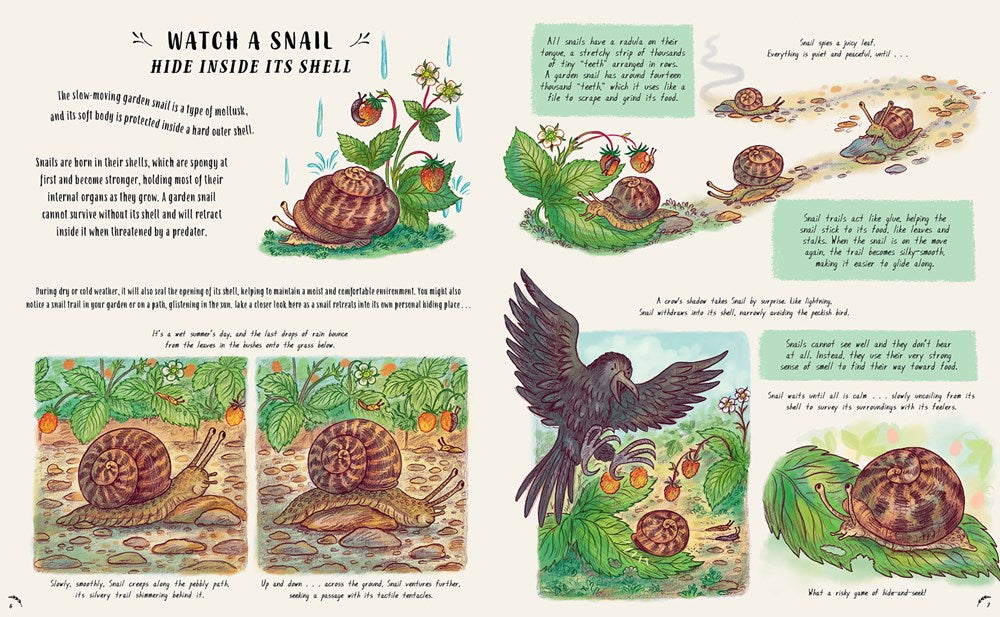 Slow Down and Be Here Now interior spread showing a snail illustration