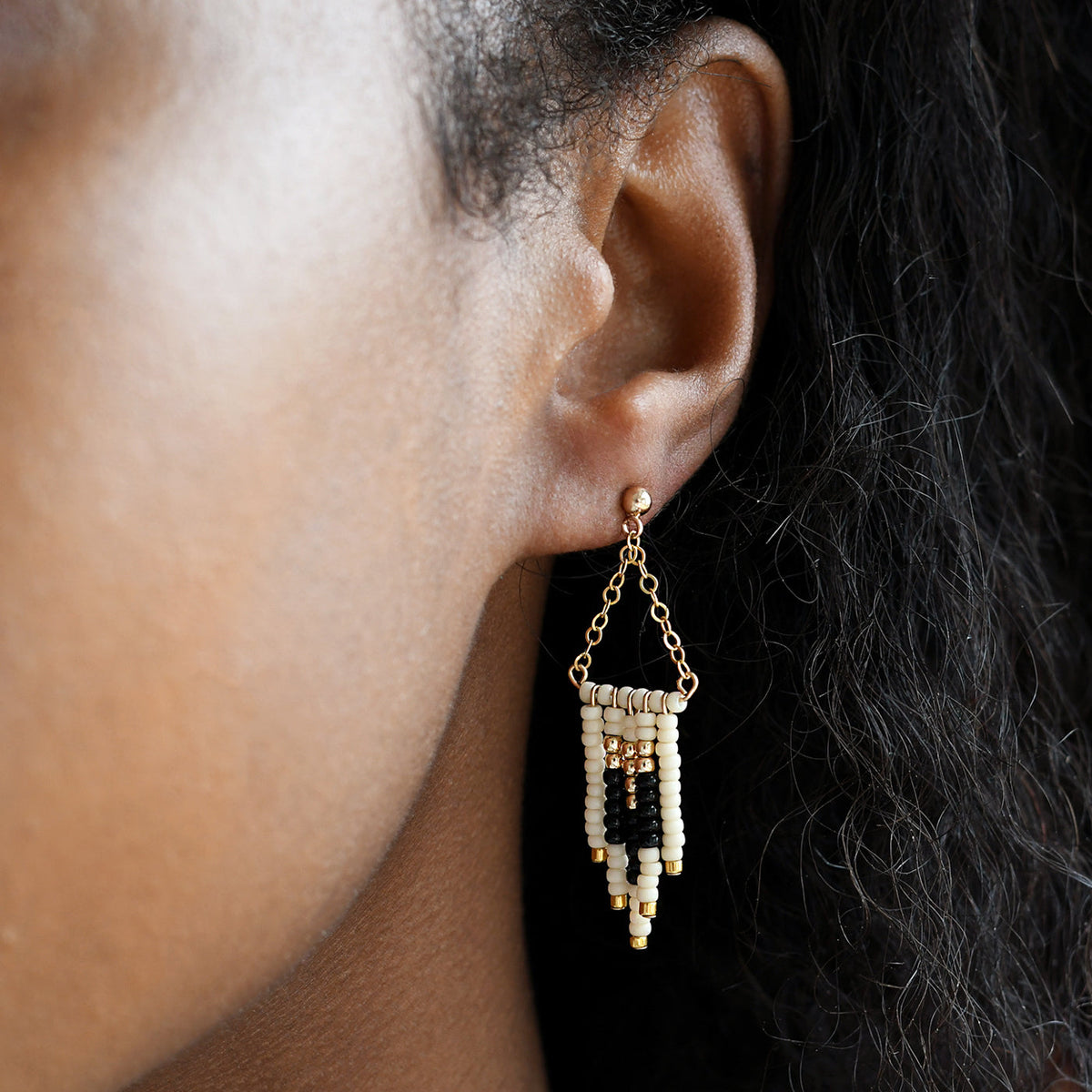 Small Deco Ivory, Black &amp; Gold Beaded Earrings