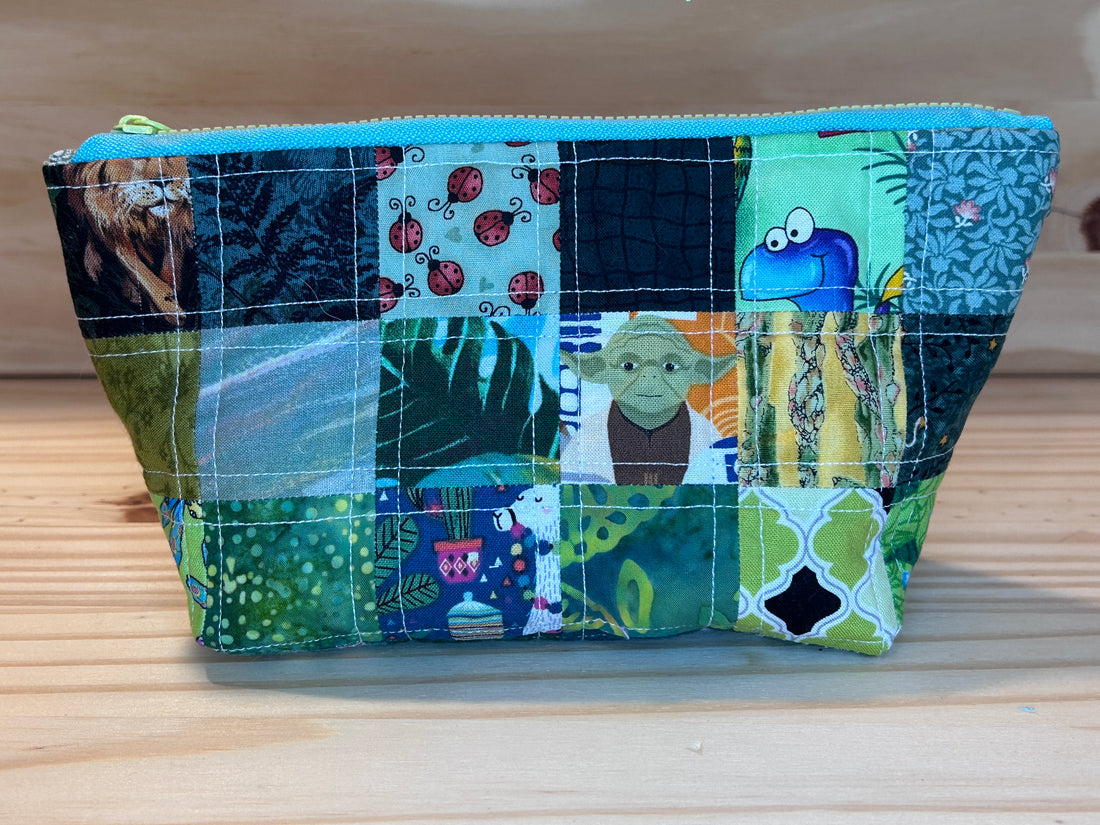 Scrappy patchwork zippered back -  small green