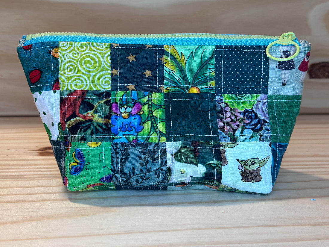 Scrappy patchwork zippered back -  small green