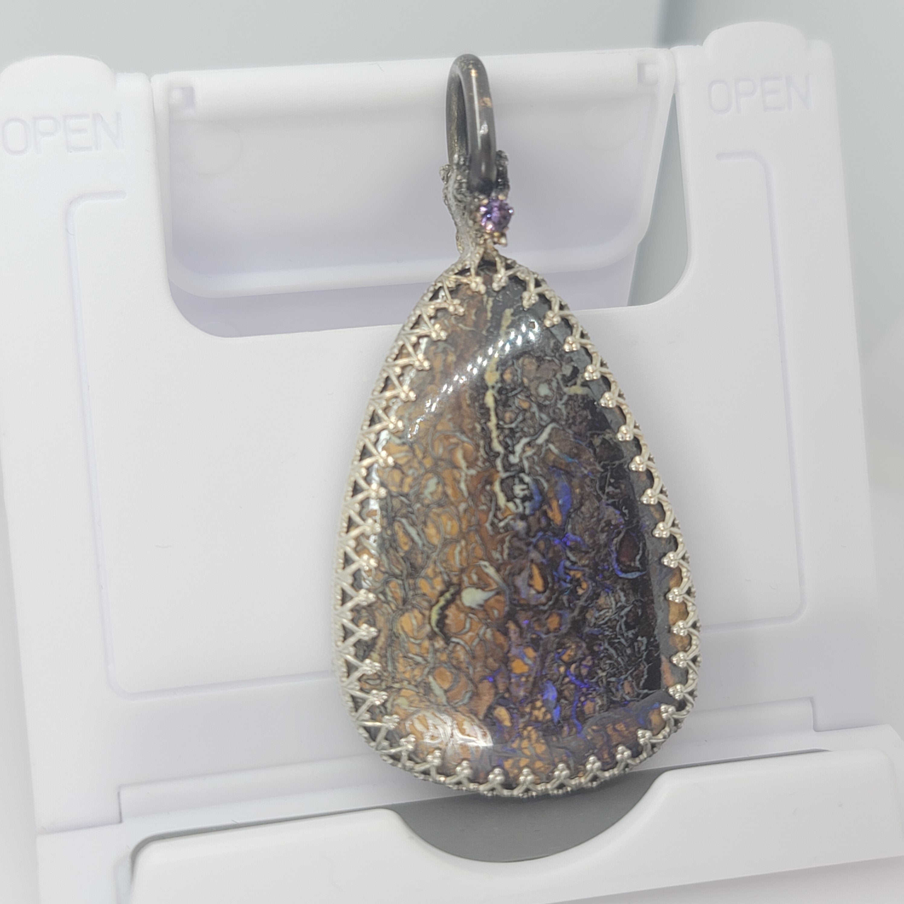 Boulder Opal Sterling Silver Pendant, 2.25 inch, Sapphire Accent, 24 inch Chain