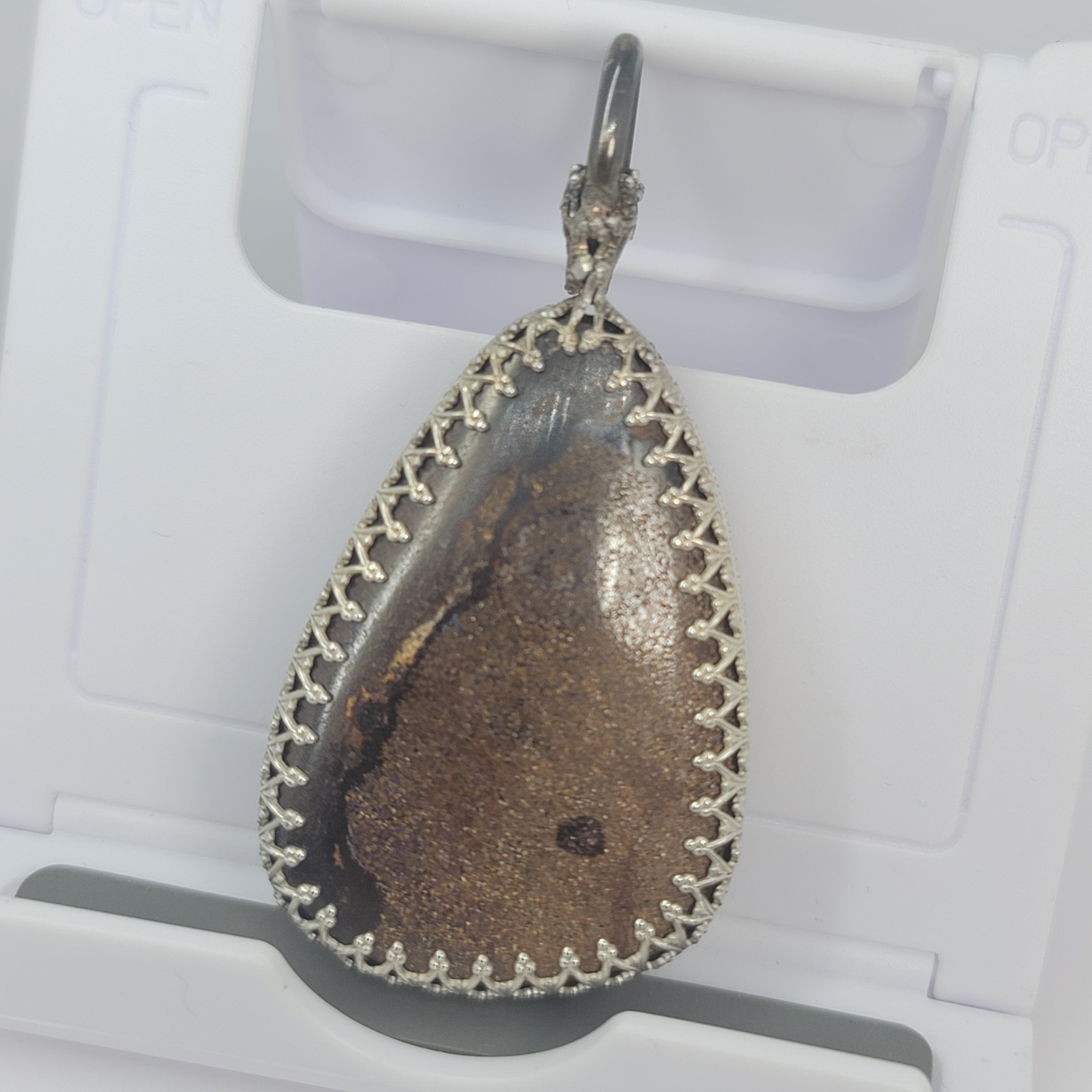 Boulder Opal Sterling Silver Pendant, 2.25 inch, Sapphire Accent, 24 inch Chain