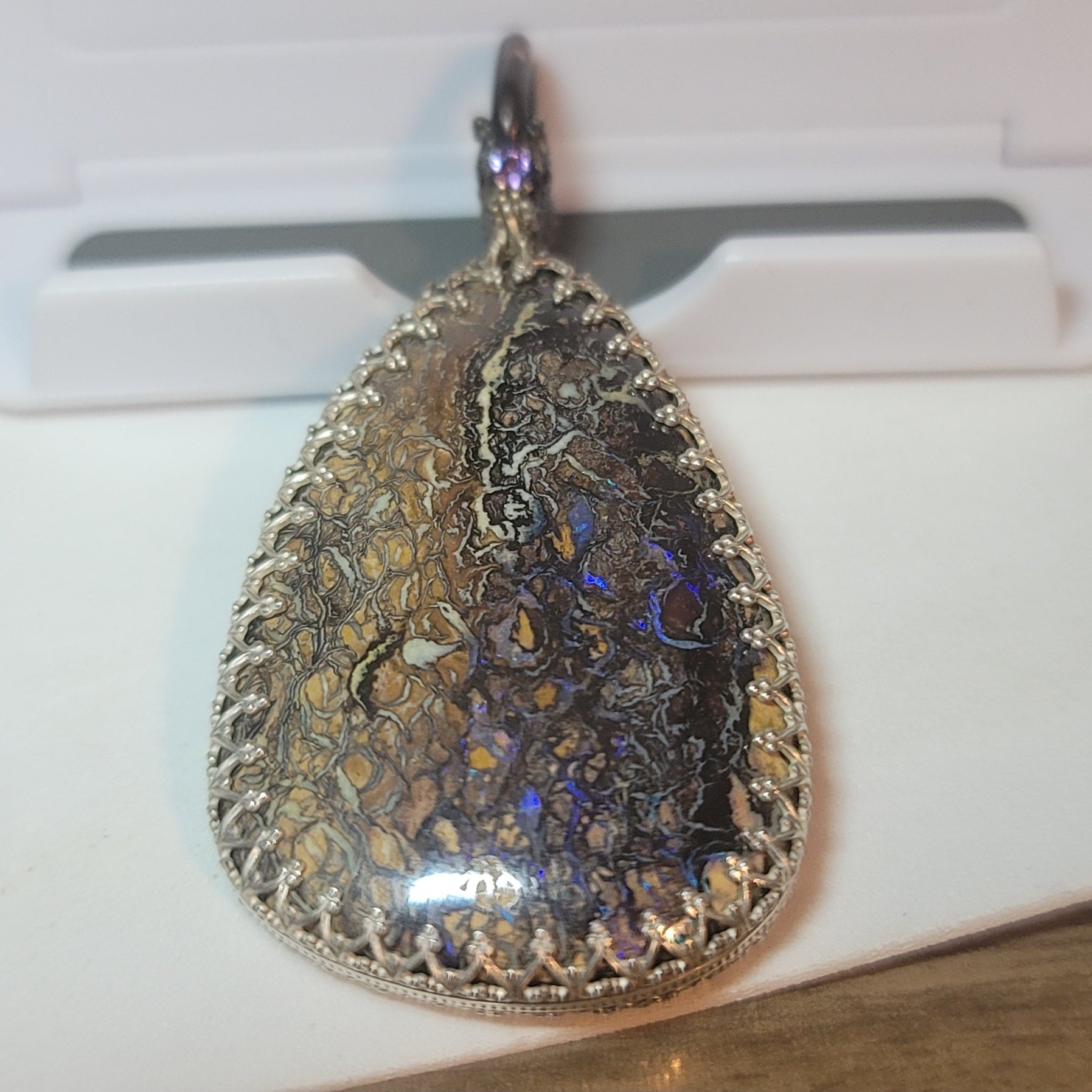 Boulder Opal Sterling Silver Pendant, 2.25 inch, Sapphire Accent, 24 inch Chain