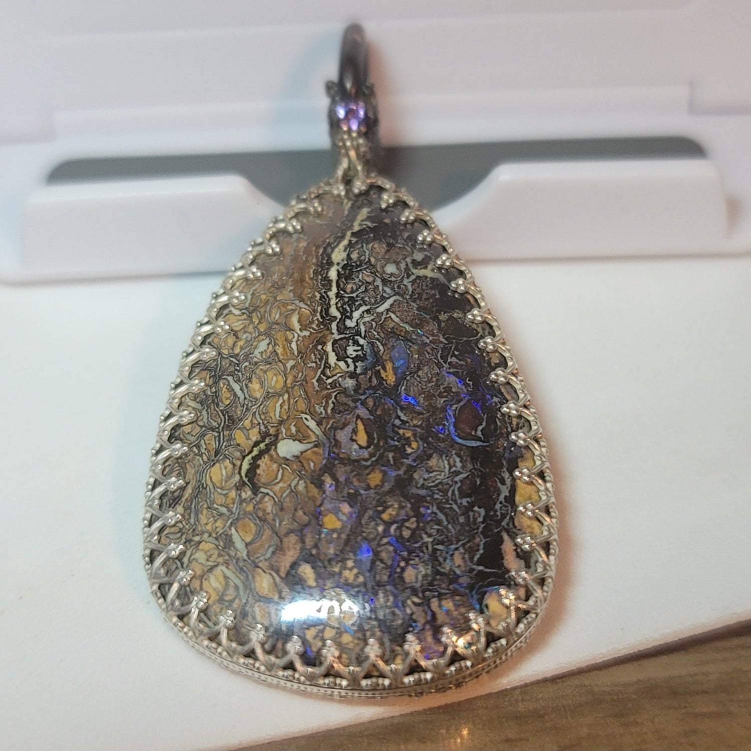 Boulder Opal Sterling Silver Pendant, 2.25 inch, Sapphire Accent, 24 inch Chain
