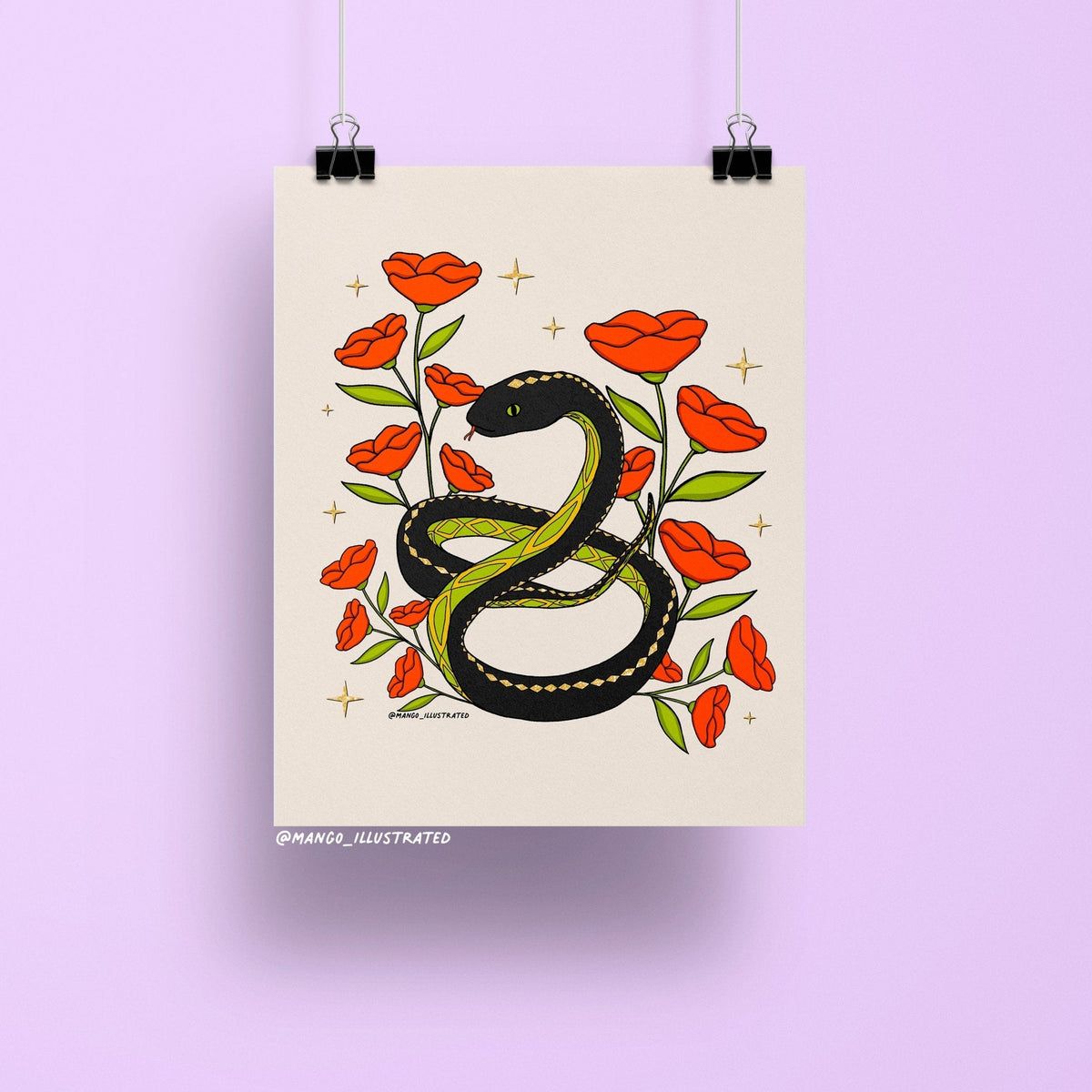 Snake and Poppies art print — black and green snake coiled among red poppies and golden stars, 8 x 10 in, by MangoIllustrated
