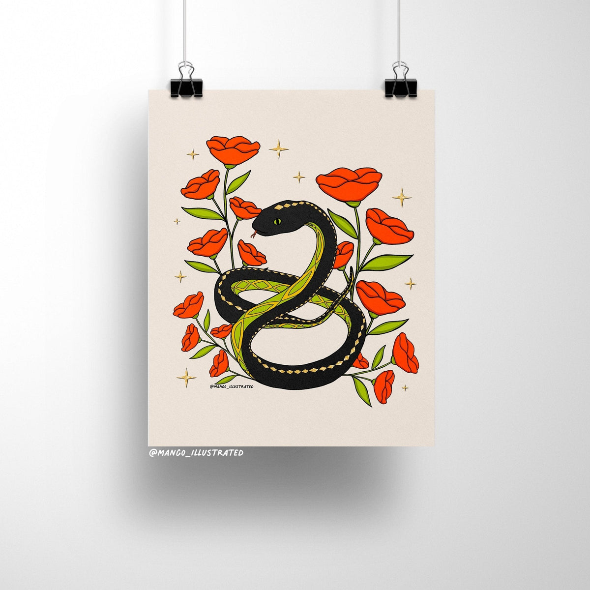 Snake and Poppies art print detail — red poppy blooms and gold stars on matte museum-quality art paper by indie artist MangoIllustrated