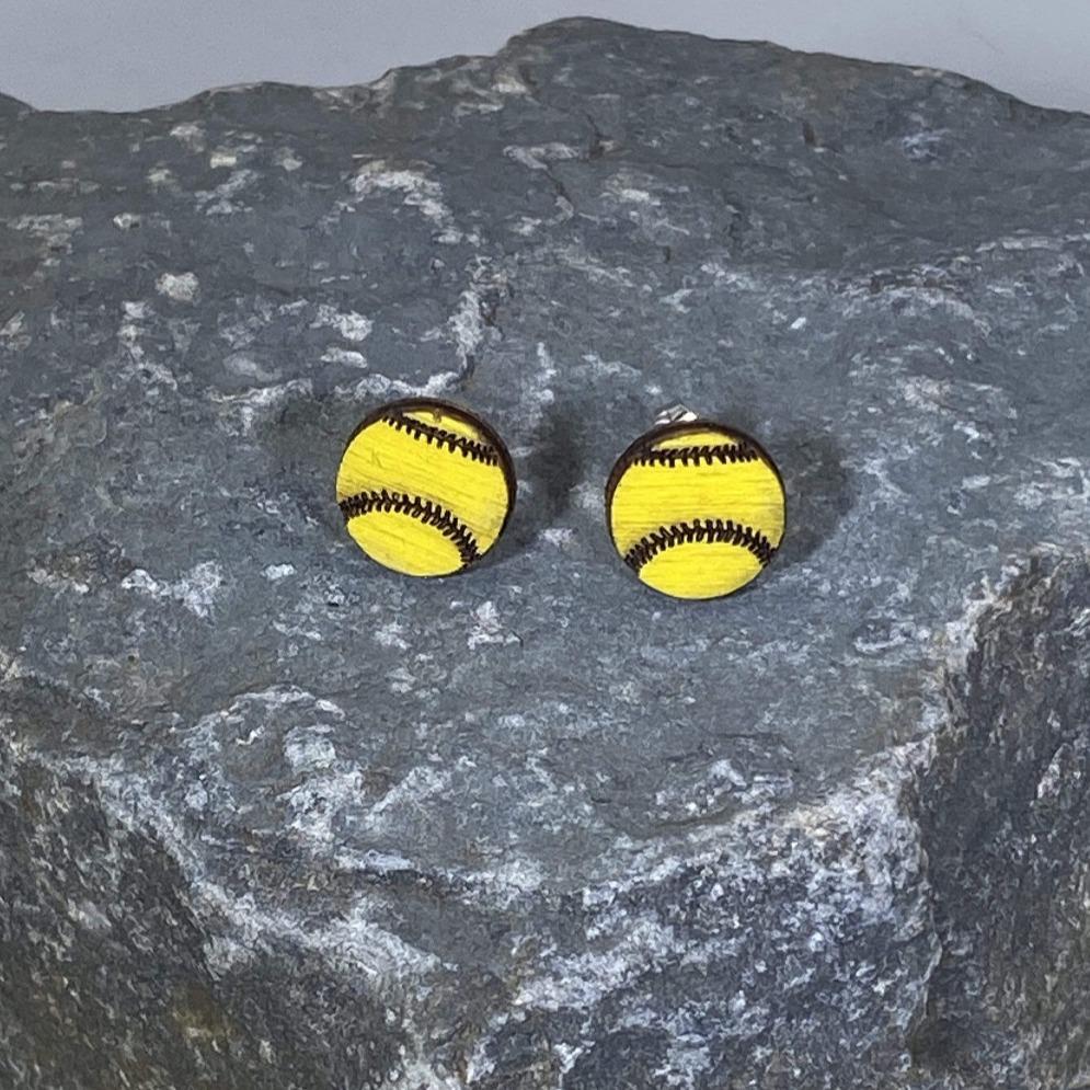 Softball Dangle Wooden Dangle Earrings - Studs - Cate&