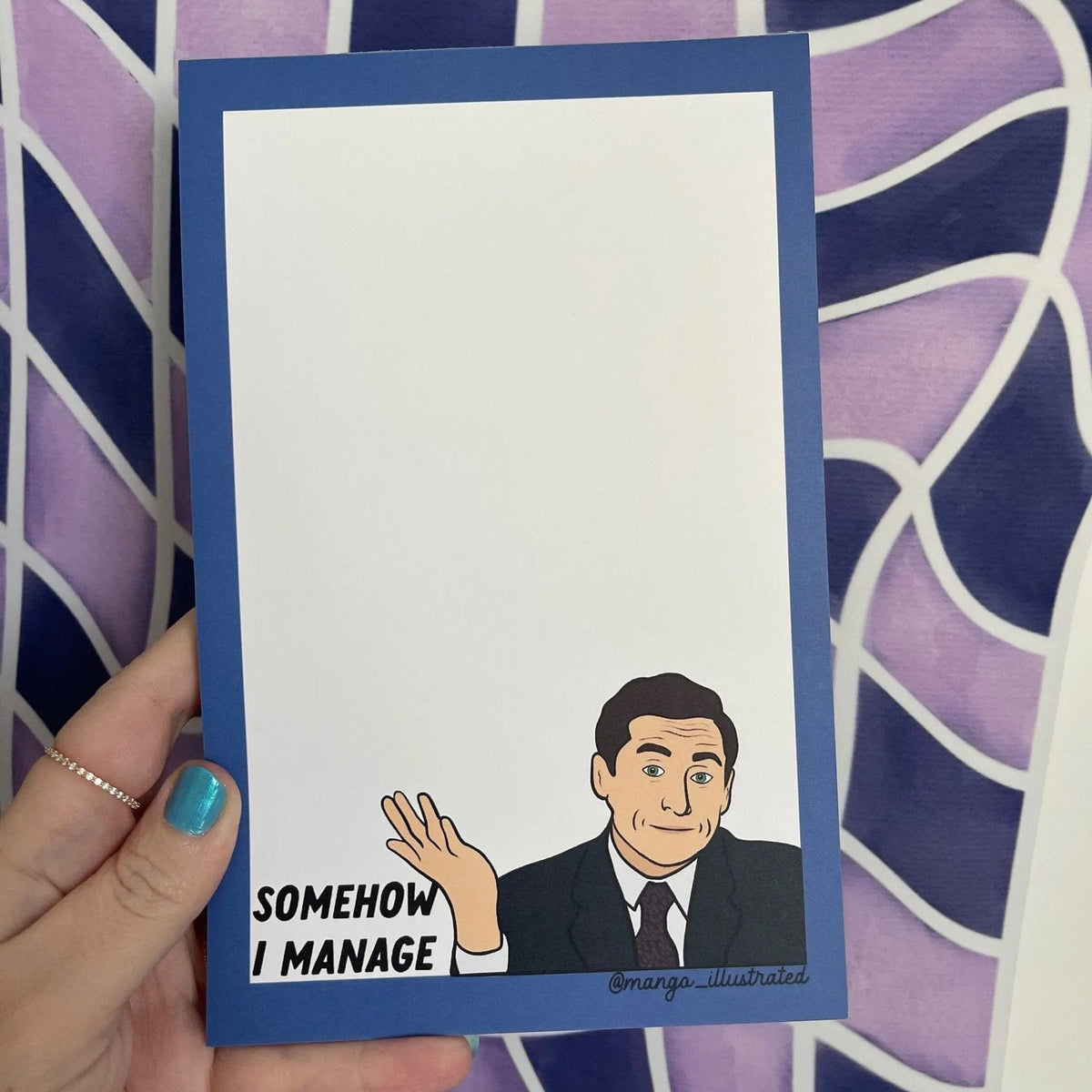 Somehow I Manage notepad flat lay — 50 sheet gummed workplace comedy to-do pad by indie artist MangoIllustrated