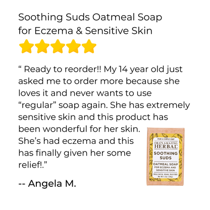 Review for Soothing Suds Oatmeal Soap with a five-star rating and customer testimonial.