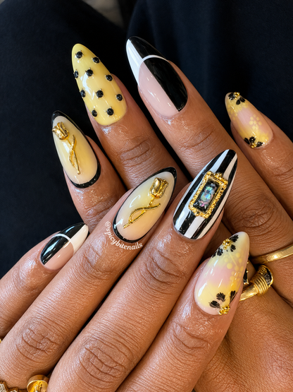 Butter and Caviar - Butter Yellow and Black Graphic False Press-On Nail Extensions 10pcs