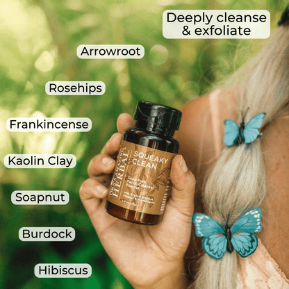 Squeaky Clean 2.5oz Lifestyle Outdoor Female Model Ingredient Infographic