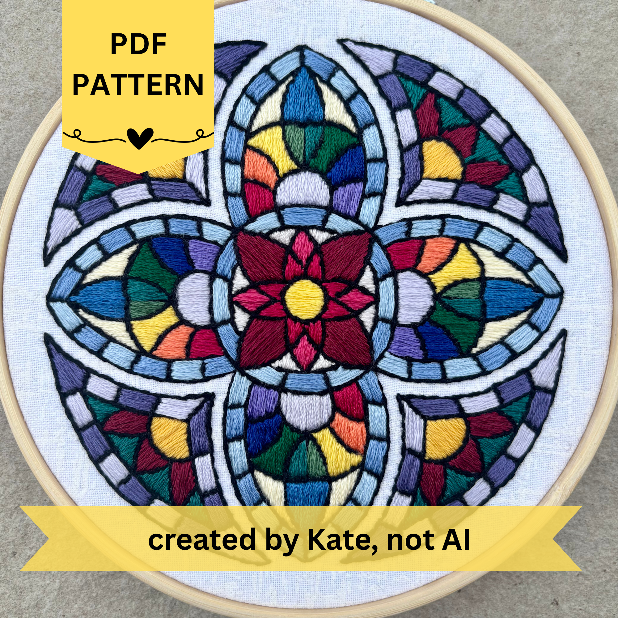 PDF Pattern created by Kate, not AI. Many colored hand embroidery based on traditional stained glass windows with flowers and rainbows in the design. Fabric is white on white cotton. Embroidery is displayed in light wood embroidery hoop as wall art.