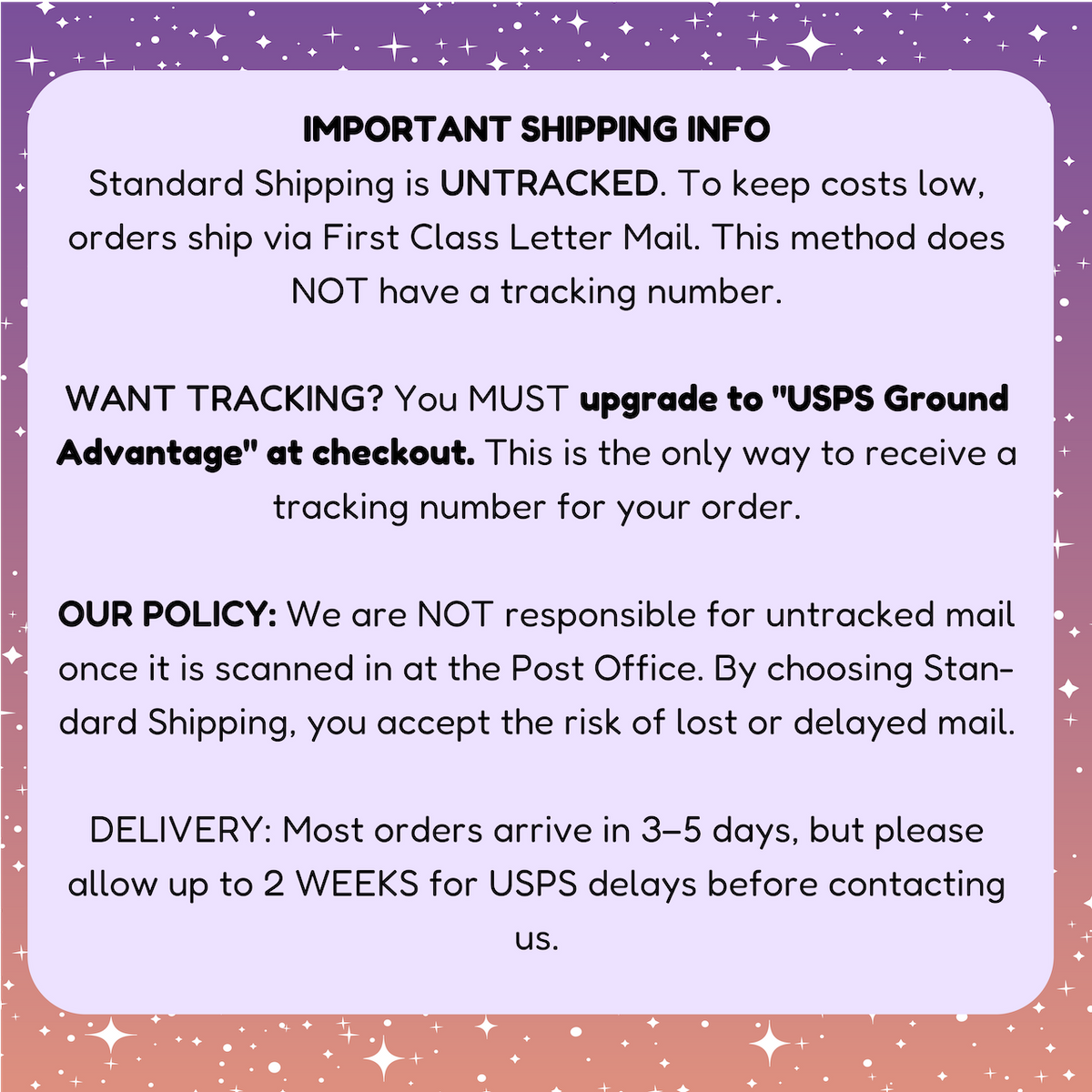 Important shipping information text on a purple and pink gradient background with star patterns.