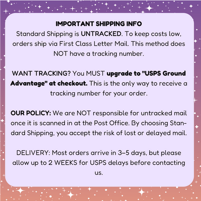 Important shipping information text on a purple and pink gradient background with star patterns.