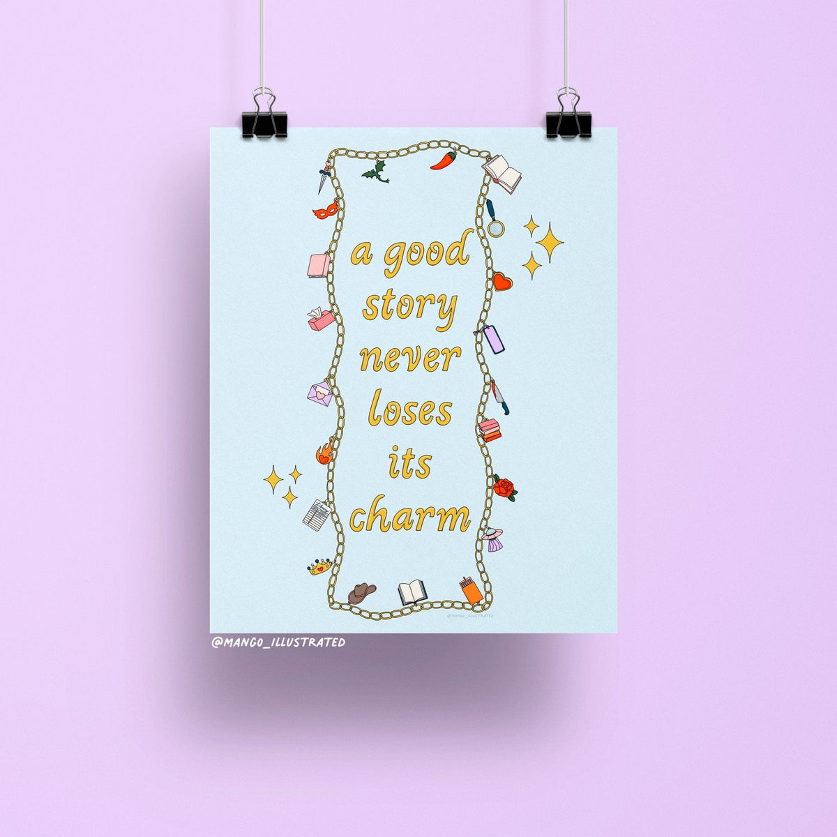 Story Tropes Charms art print — hand lettered quote a good story never loses its charm ringed by illustrated book trope charms on light blue, 8 x 10 in, by MangoIllustrated