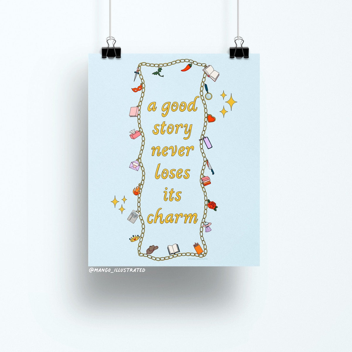 Story Tropes Charms art print flat lay — bookish charm bracelet wall art for a reading nook by indie artist MangoIllustrated