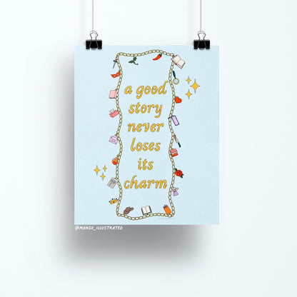 Story Tropes Charms art print flat lay — bookish charm bracelet wall art for a reading nook by indie artist MangoIllustrated