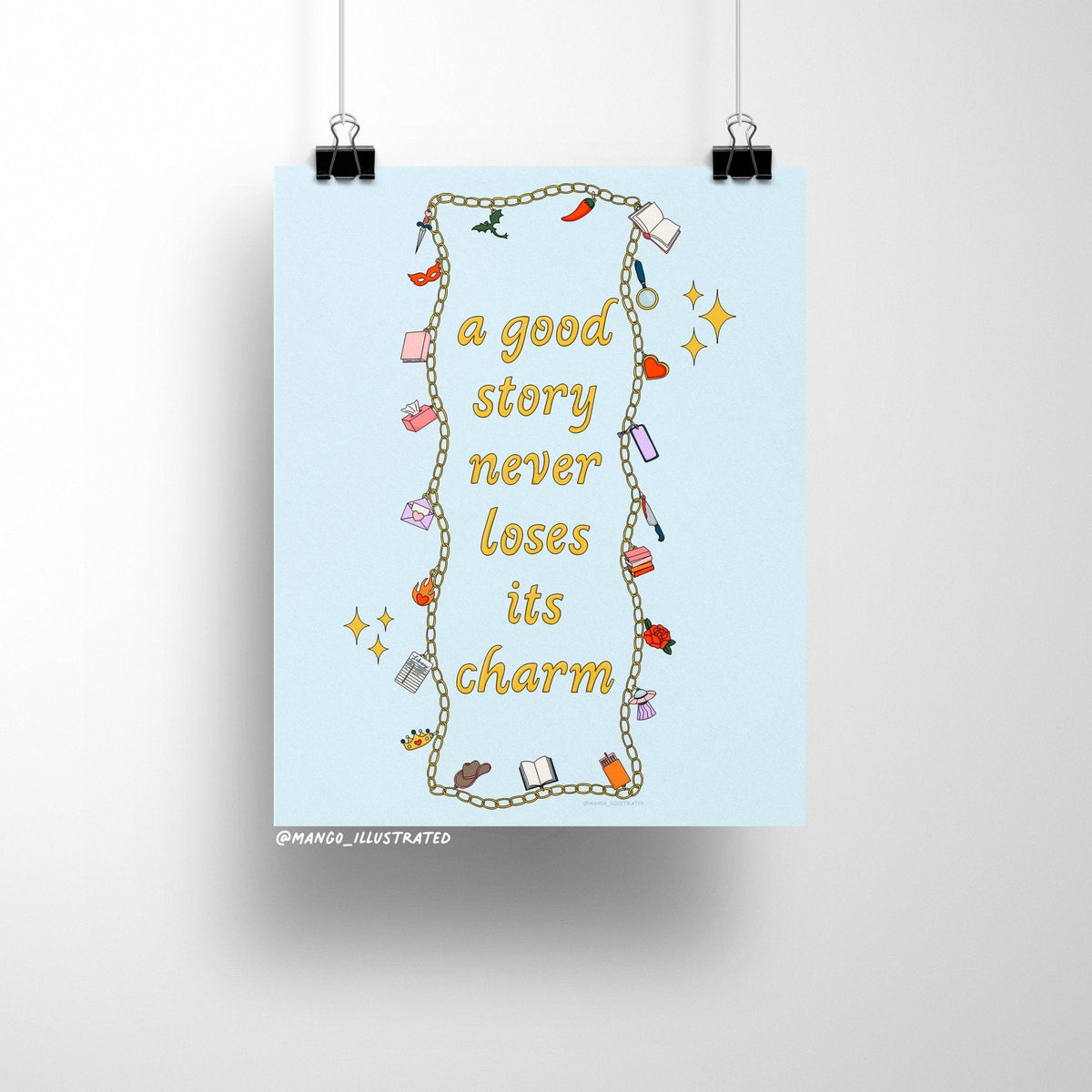 Story Tropes Charms art print detail — hand drawn genre and trope charms on matte museum-quality art paper by indie artist MangoIllustrated