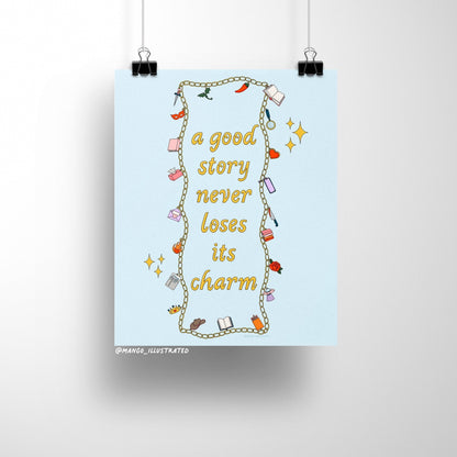 Story Tropes Charms art print detail — hand drawn genre and trope charms on matte museum-quality art paper by indie artist MangoIllustrated