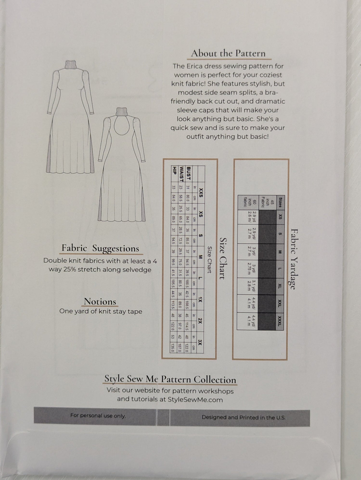 Style Sew Me Erica dress pattern with size chart and fabric suggestions on a white background