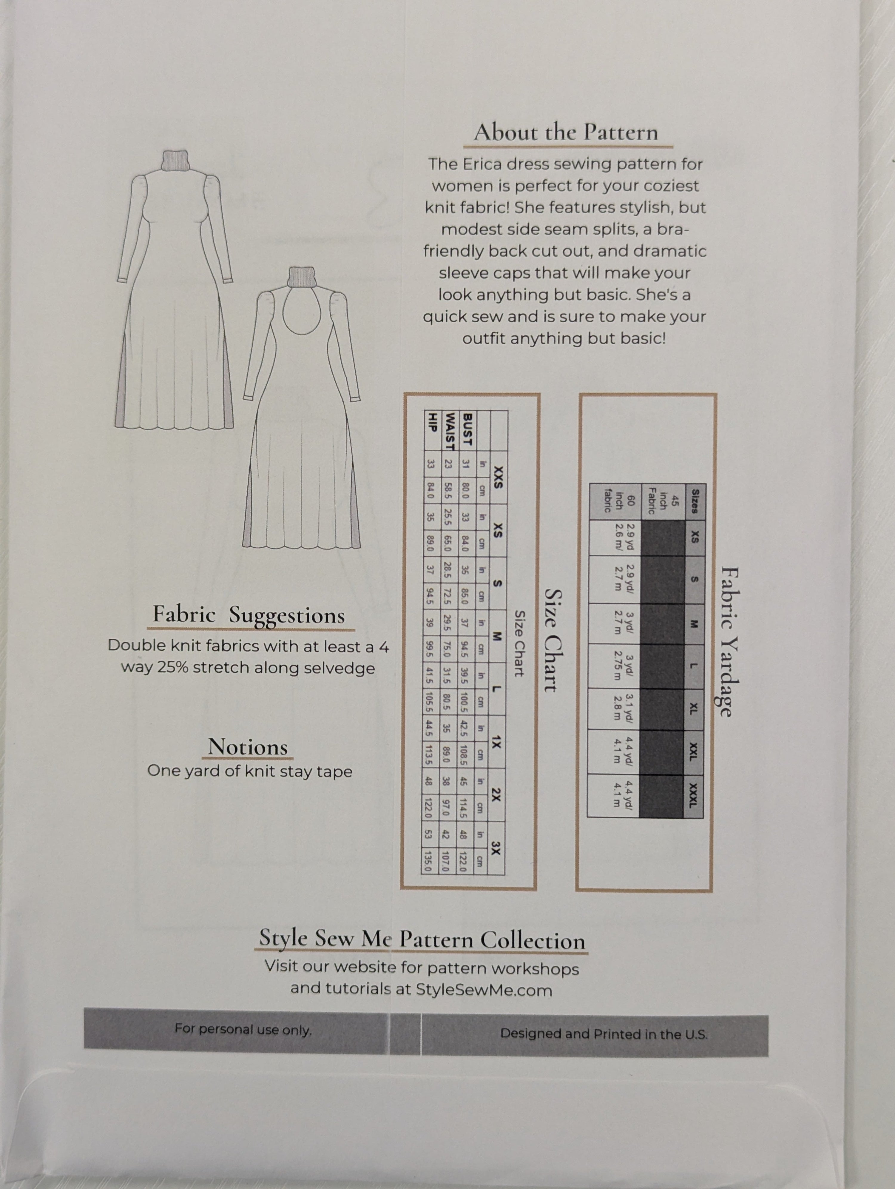 Style Sew Me Erica dress pattern with size chart and fabric suggestions on a white background