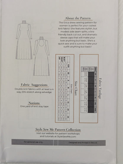 Style Sew Me Erica dress pattern with size chart and fabric suggestions on a white background
