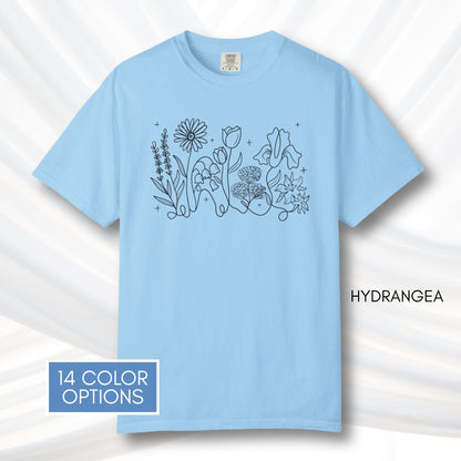 subtle-lgbtq-whimsical-flowers-unisex-tee-queer-ally-floral-t-shirt-hand-drawn-art-hydrangea
