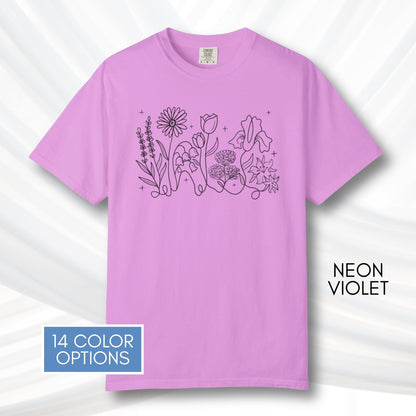 subtle-lgbtq-whimsical-flowers-unisex-tee-queer-ally-floral-t-shirt-hand-drawn-art-neon-violet