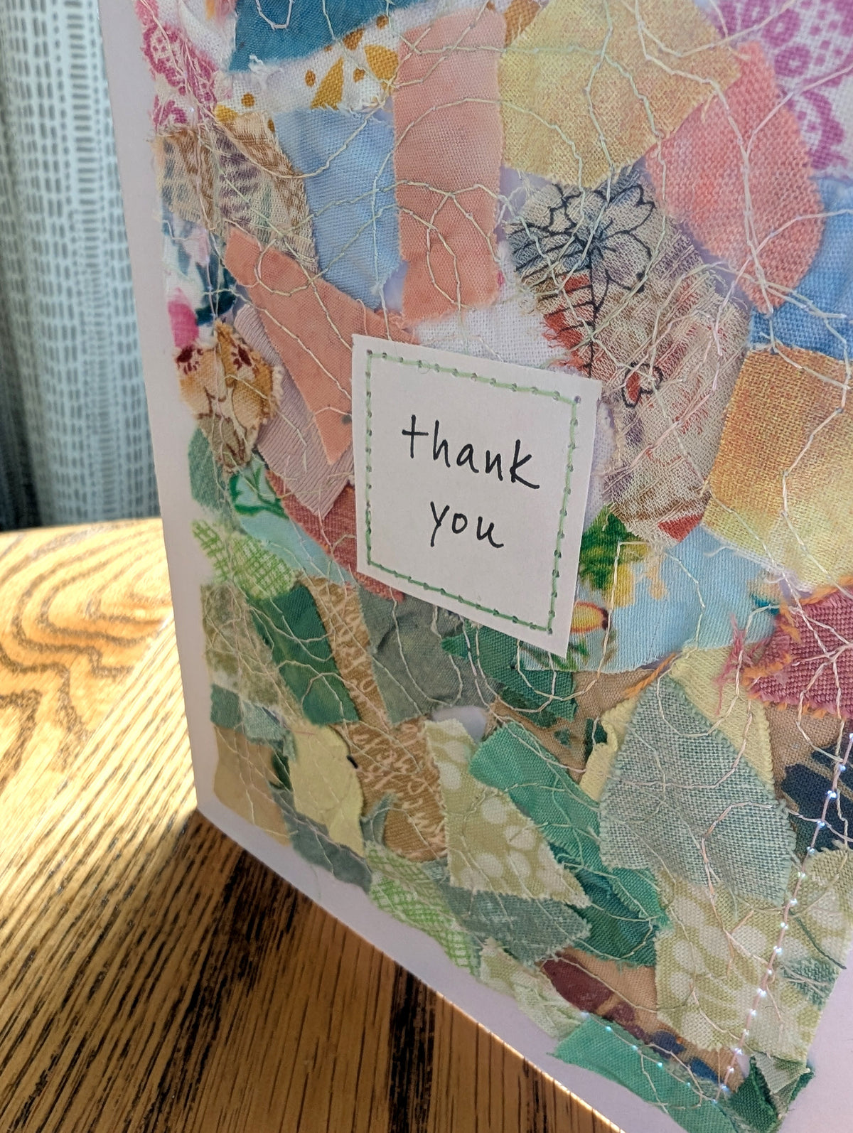 Summer Thank You Card: 5" x 7", multicolored collage fabric on white, blank card, with matching envelope