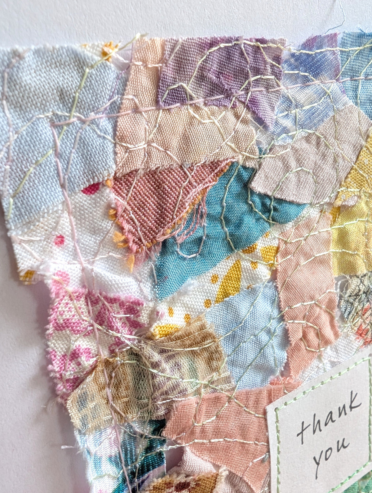 Summer Thank You Card: 5" x 7", multicolored collage fabric on white, blank card, with matching envelope