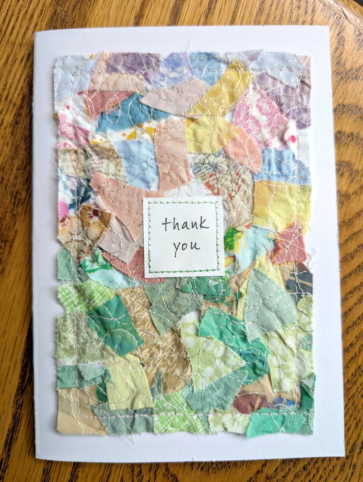 Summer Thank You Card: 5" x 7", multicolored collage fabric on white, blank card, with matching envelope