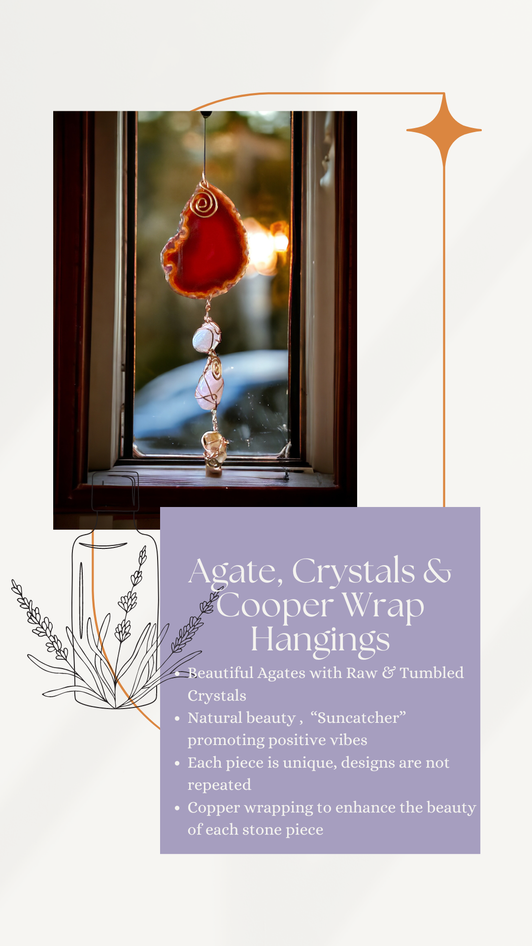 Crystals “Suncatcher”, Copper wrapped Crystals &amp; Agate Hangings